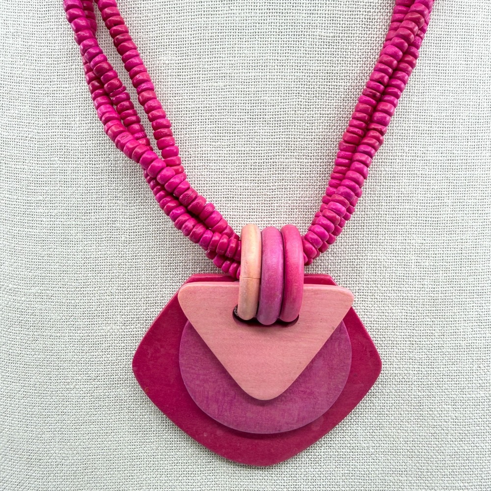Pink Wood Layered Statement Necklace Boho Geometric Artisan Chunky Festival Gift